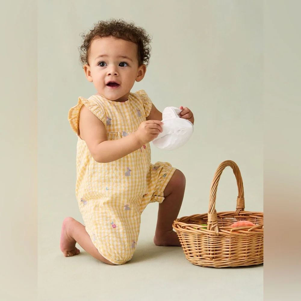 NWT Yellow Gingham Ruffle Sleeve Bunny Easter Sunsuit, 18-24 mo, MSRP $55 - Picture 2 of 13